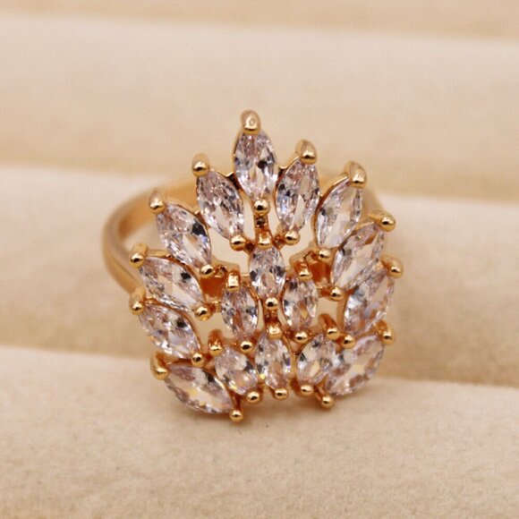18K Yellow Gold Filled Multi Layer Flower Leaf Diamond Zircon Ring Gorgeous Gift - Picture 1 of 7